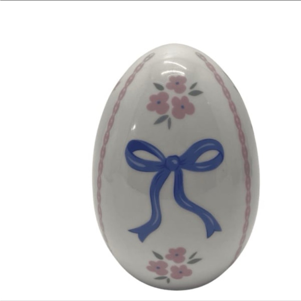 My Texas House Ceramic Ribbon Bow Easter Egg Decoration, Blue and White, 4.5"